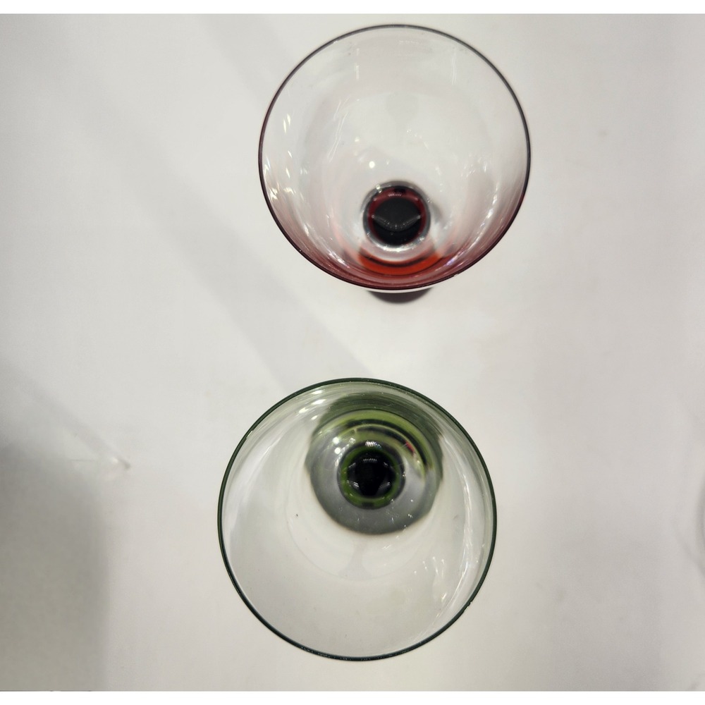 2 Danish Influenced Wine Goblets Green & Red Flared Stems Clear Bowls Vintage - Picture 6 of 7